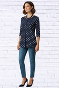 Navy Polka Dot Button-Up Top _ Classic Round Neck 3/4 Sleeve Blouse
