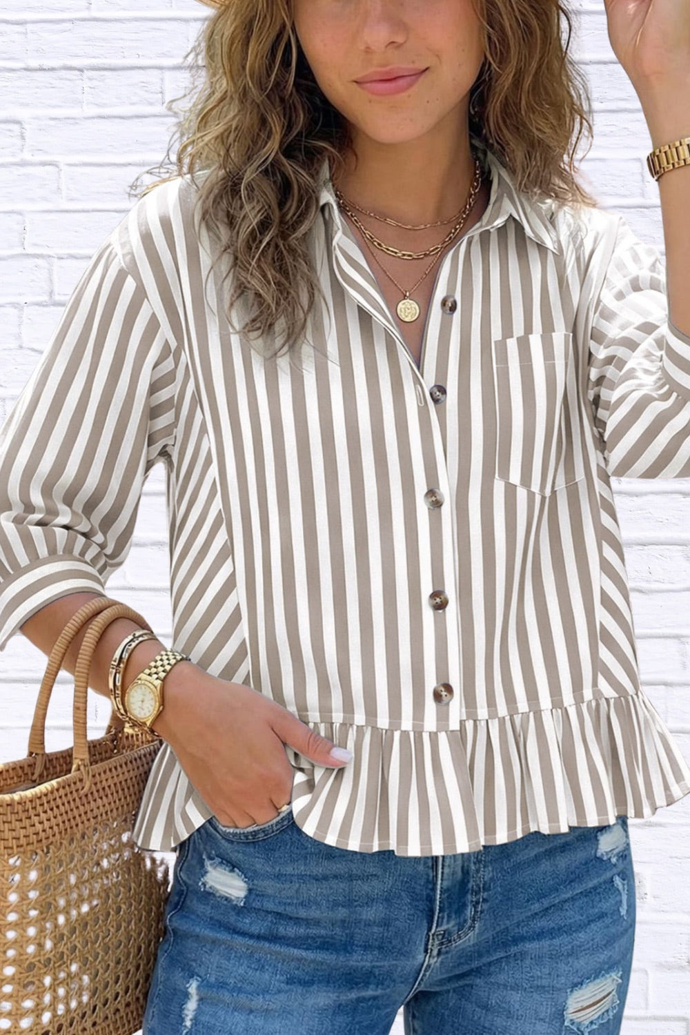 Striped Ruffle Hem Button-Down Shirt | Chic Women__ Top