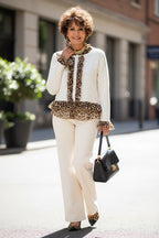 Leopard Trim Ruffle Cardigan _ Buttoned Contrast Ruffle & Chic Stretch Fit