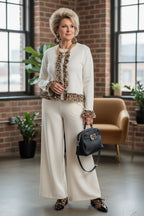Leopard Trim Ruffle Cardigan _ Buttoned Contrast Ruffle & Chic Stretch Fit
