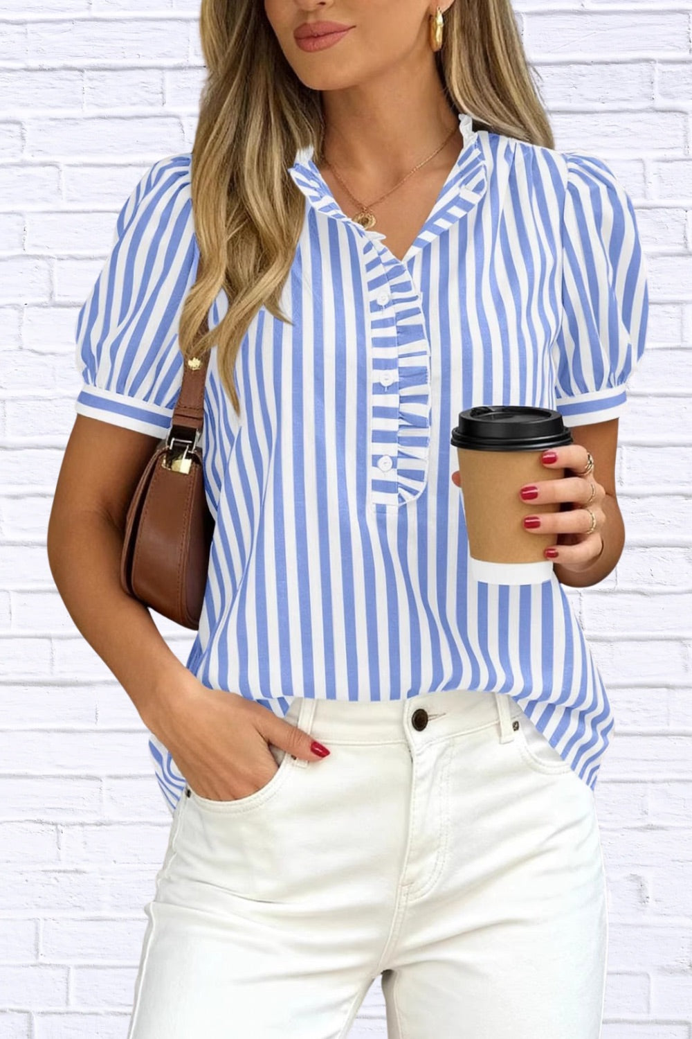 Frill Striped Puff Sleeve Blouse | Chic Women__ Top