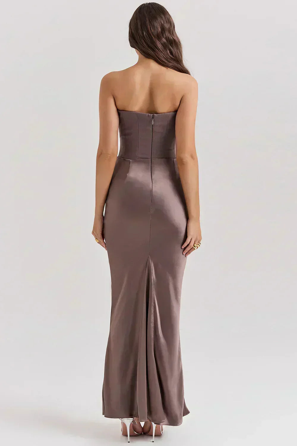 Strapless Peaked Corset Bodice Side Ruched Satin Column Maxi Gown