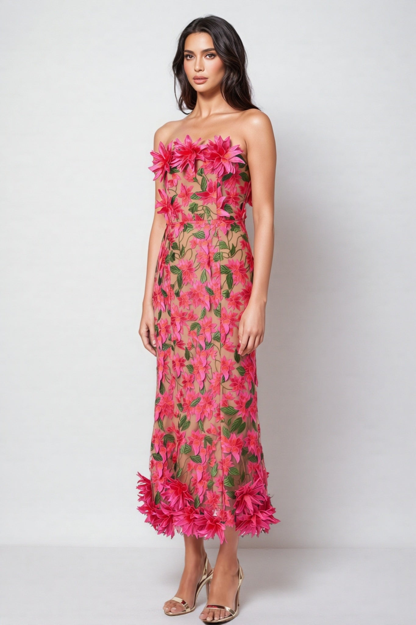 Adame 3D Floral Mesh Midi Dress