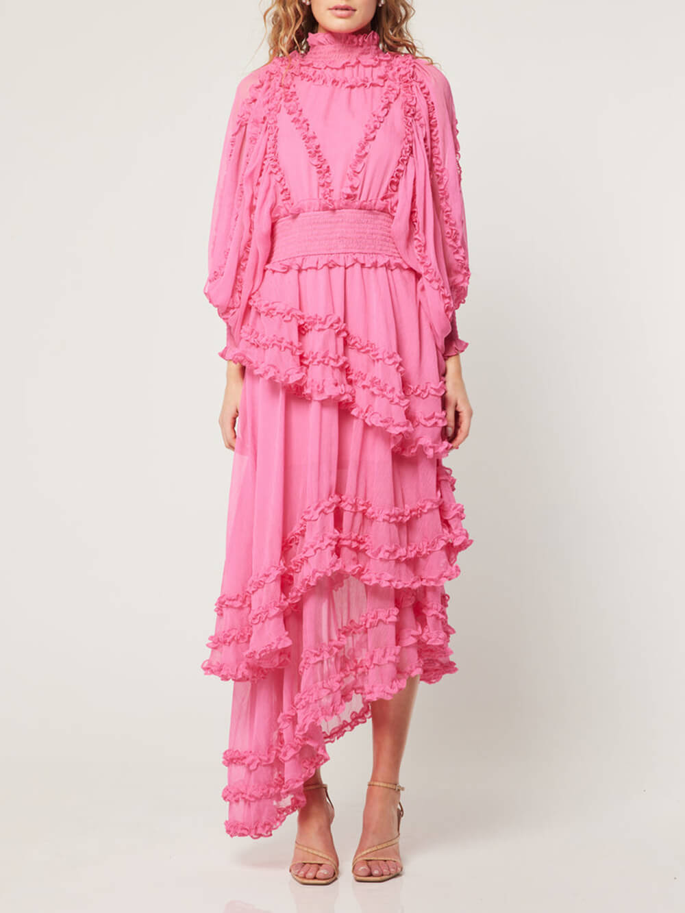 Mock Neck Bishop Sleeve Smocked Waist Tiered Ruffle Chiffon Maxi Dress