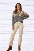 Leopard Print Button Detail Color Block Sweater