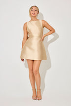 Satin Boat Neck Cross Seam Back Bow A-Line Mini Dress