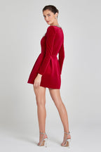 Square Neck Rhinestone Trim Long Sleeve Velvet Fit and Flare Mini Dress