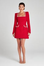 Tweed Square Neck Pearl Trim Long Sleeve Structured Mini Dress