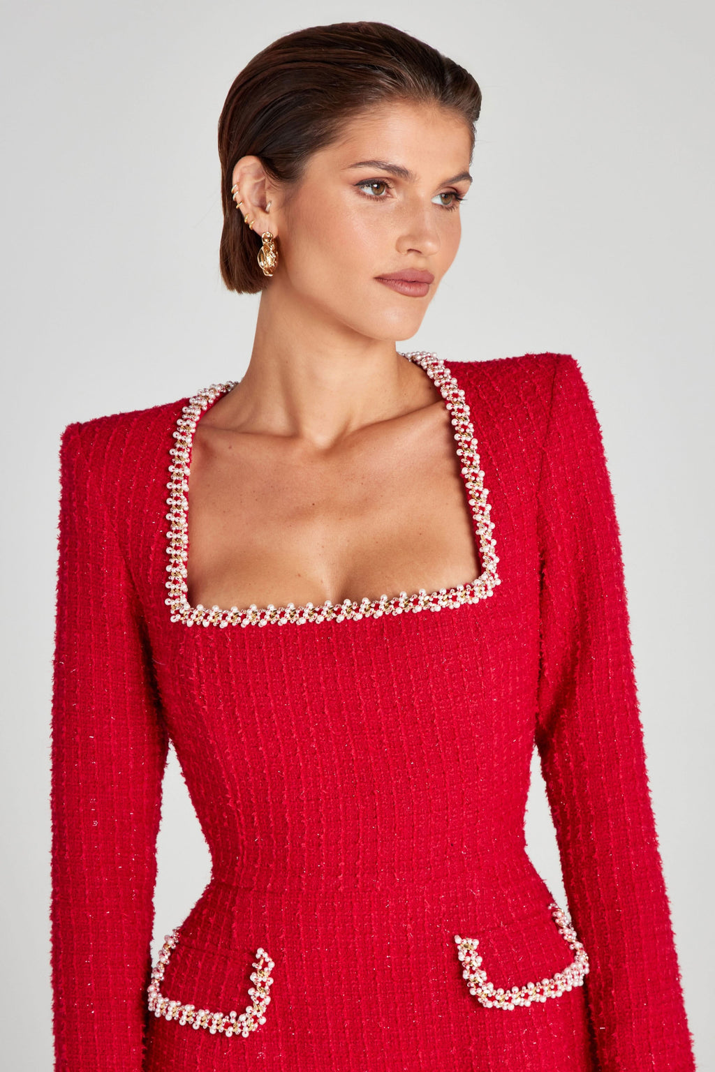 Tweed Square Neck Pearl Trim Long Sleeve Structured Mini Dress