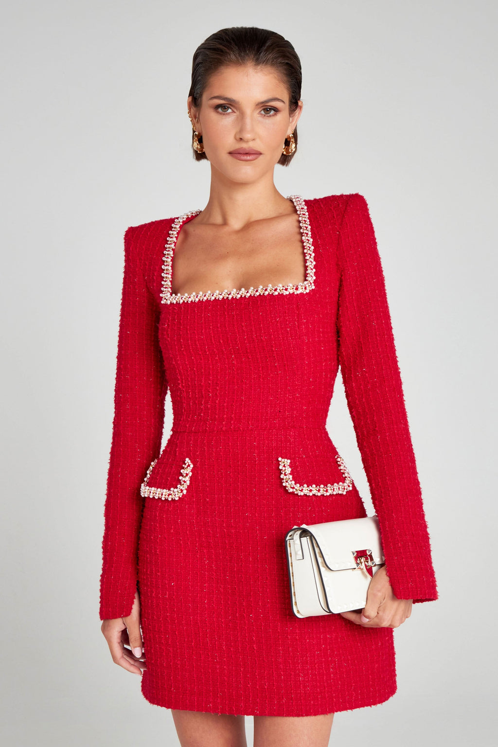 Tweed Square Neck Pearl Trim Long Sleeve Structured Mini Dress