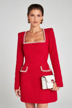 Tweed Square Neck Pearl Trim Long Sleeve Structured Mini Dress