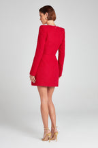 Tweed Square Neck Pearl Trim Long Sleeve Structured Mini Dress