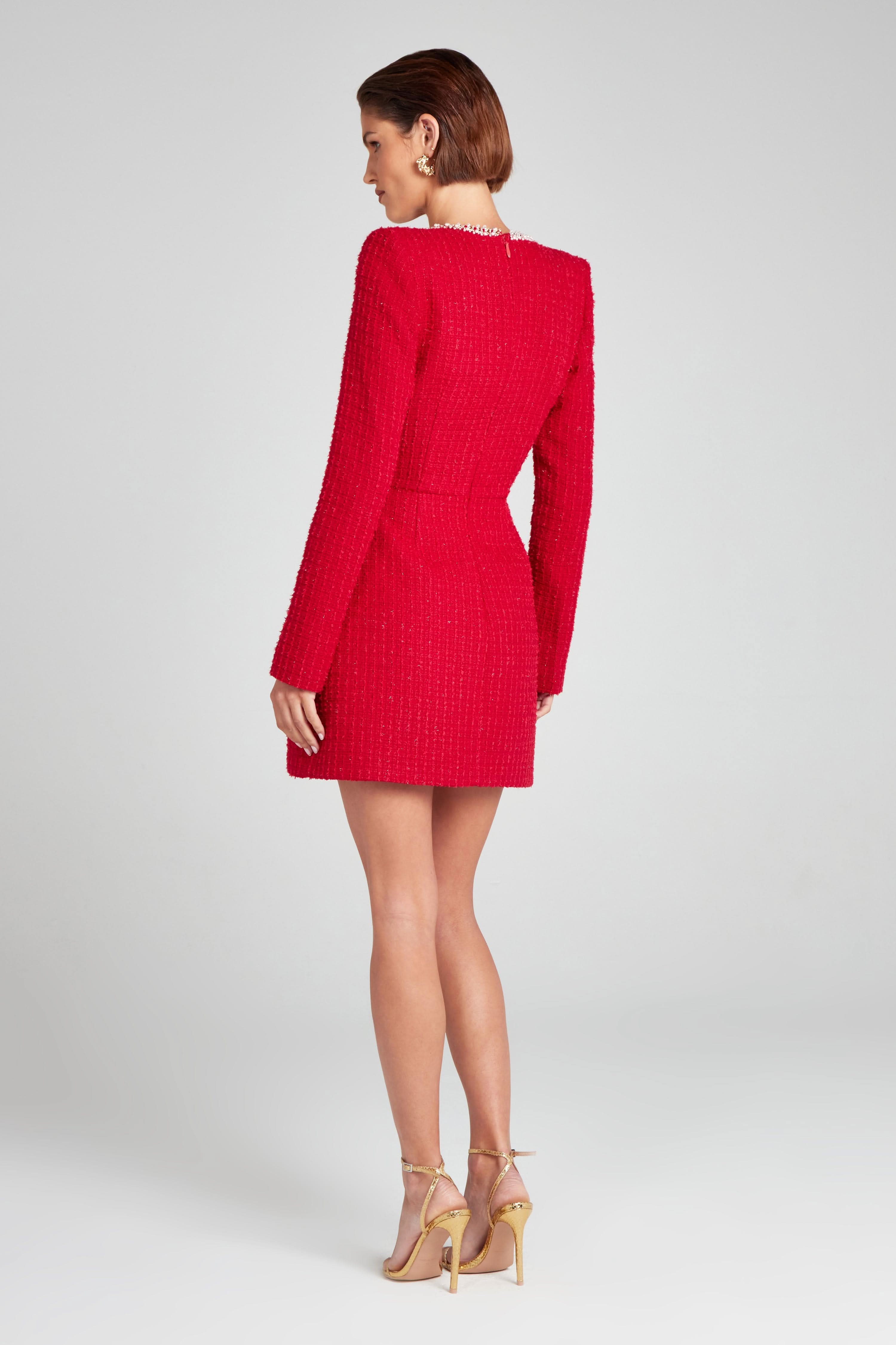 Tweed Square Neck Pearl Trim Long Sleeve Structured Mini Dress