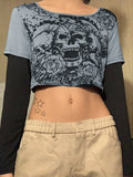 Skull Print Fake Two Piece Long Sleeve Tee