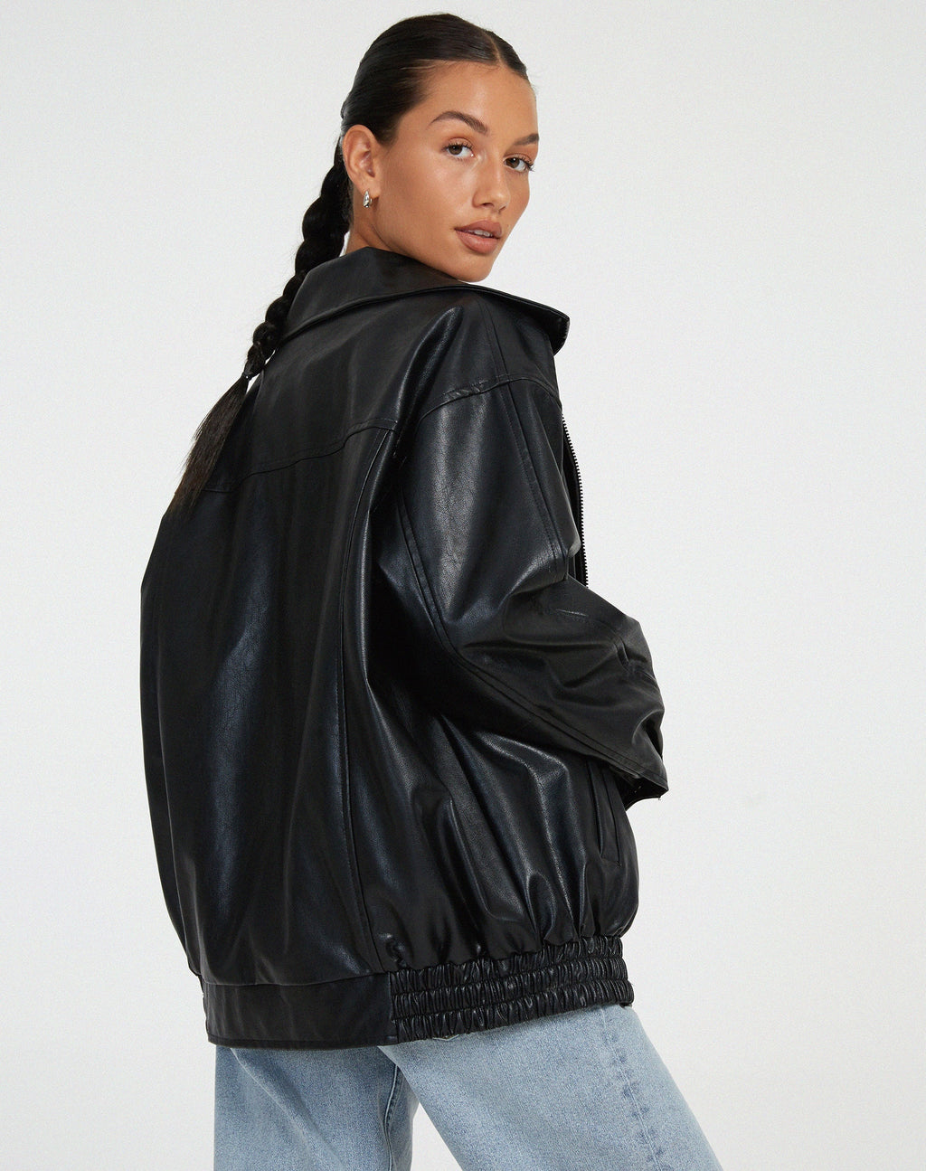 | Women’s Oversized Leather Bomber Jacket