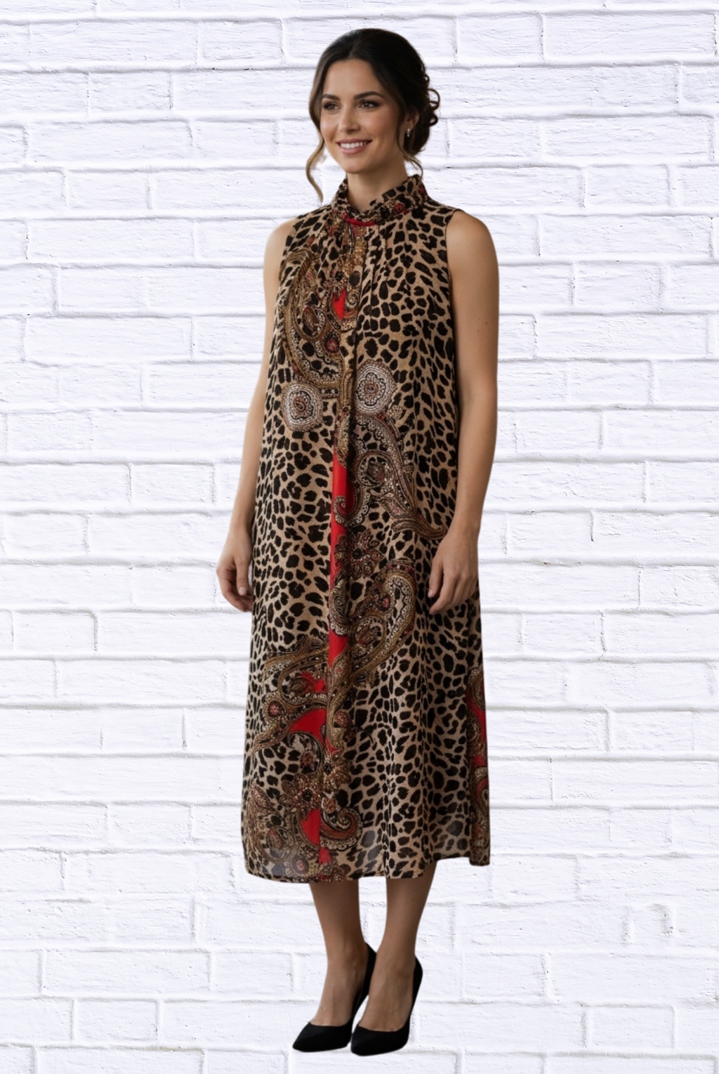 Animal and Paisley Print Sleeveless Maxi Dress _ High Neck Bow Detail Flowy Woven Dress