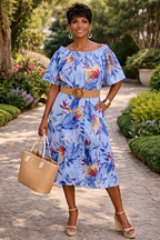 Blue Tropical Off-Shoulder Midi Dress _ Effortless Elegance