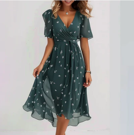 Yazmin Elevated Floral Wrap Midi Dress Women's Summer with V Neck Designer Edit