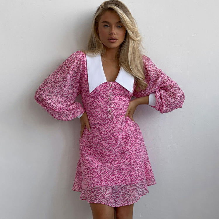 Early Doll Collar Slimming Long Sleeves A line Dress GracefulPrinted Dress