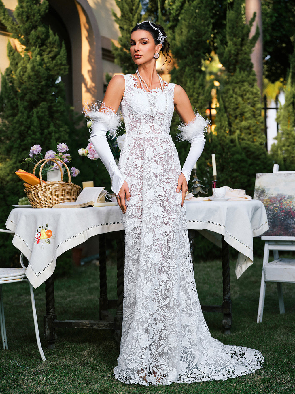 Floral Lace High Neck Keyhole Sleeveless Mermaid Train Maxi Gown