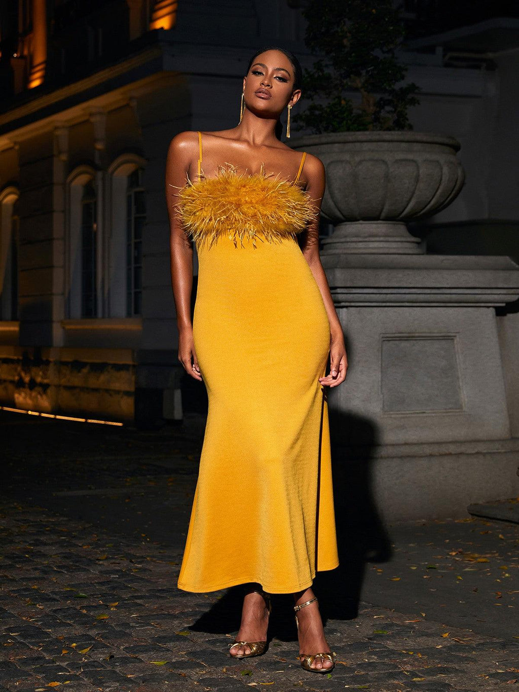 Effy Spaghetti Feather Maxi Dress In Yellow