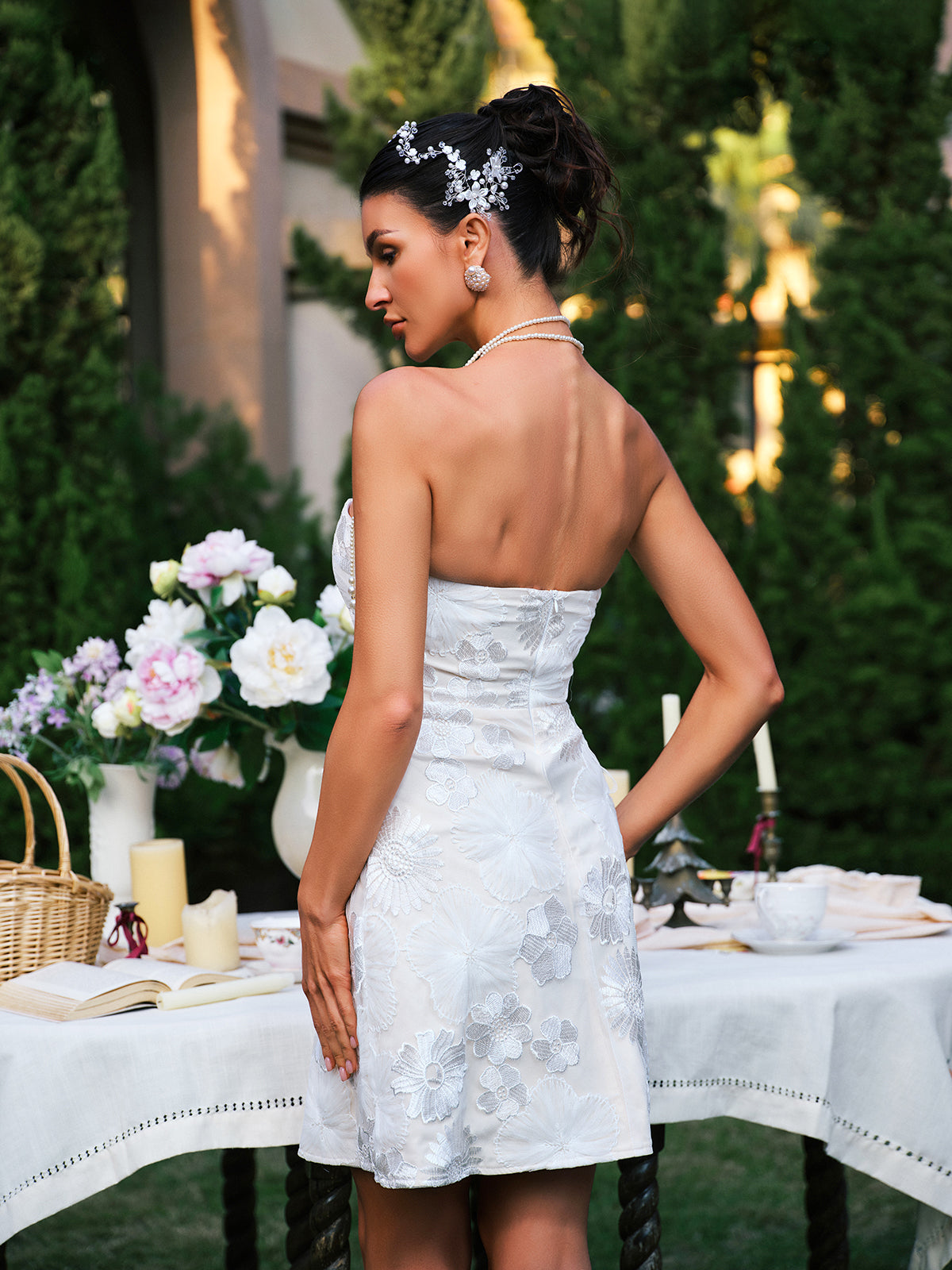 Floral Lace Embroidered Pearl Halter Strap Fit and Flare Mini Dress