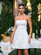 Floral Lace Embroidered Pearl Halter Strap Fit and Flare Mini Dress
