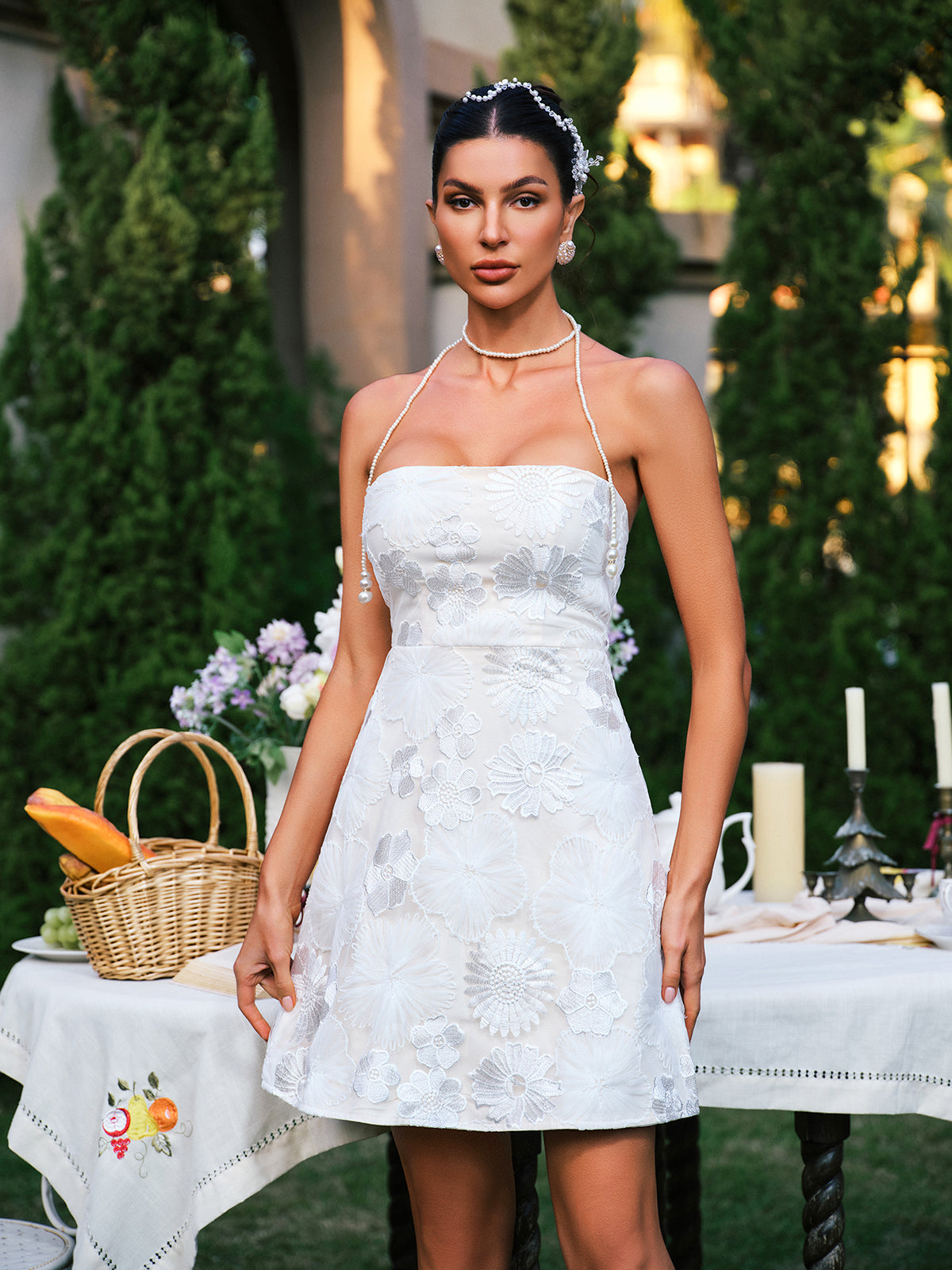 Floral Lace Embroidered Pearl Halter Strap Fit and Flare Mini Dress