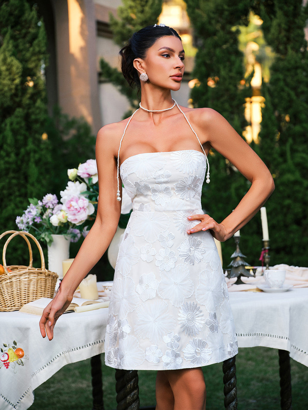 Floral Lace Embroidered Pearl Halter Strap Fit and Flare Mini Dress