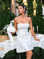 Floral Lace Embroidered Pearl Halter Strap Fit and Flare Mini Dress