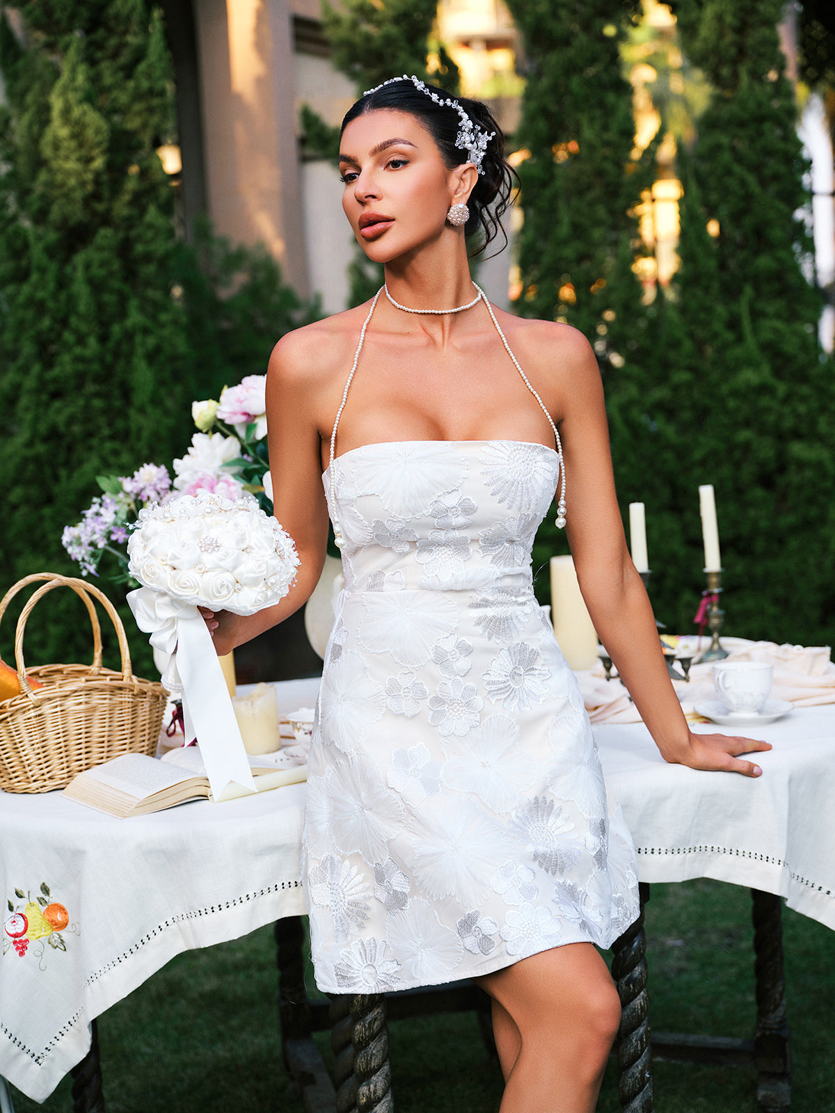 Floral Lace Embroidered Pearl Halter Strap Fit and Flare Mini Dress