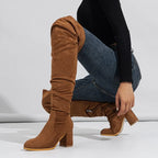 2024 Winter Zipper Flock Square Heel Thigh Long Botas De Mujer Knee High Boots