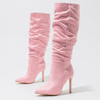 Autumn Winter Fashion Pleated Pointed Toe Modern Long Thin Heels Knee High Boots