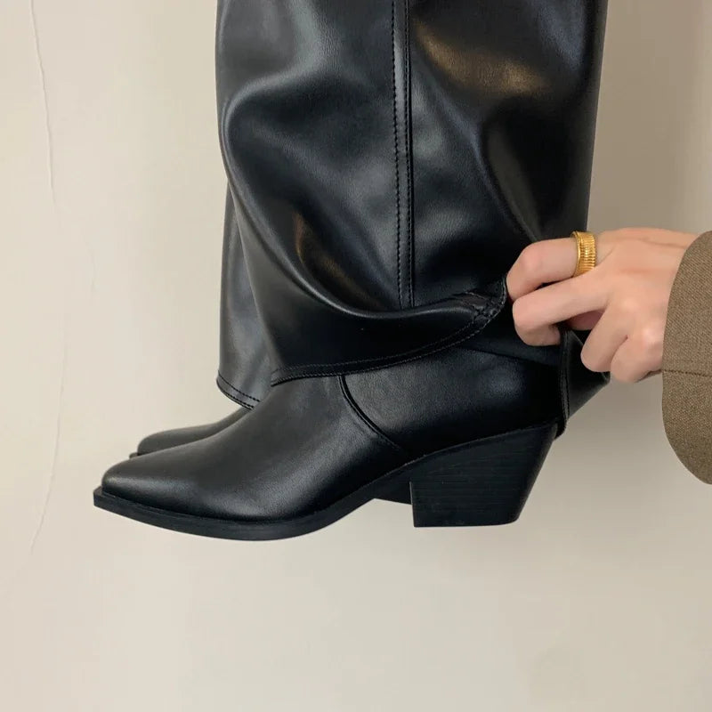 Spring Autumn Pointed Toe Designer Vintage Square Low Heels Knee High Boots