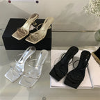 Summer Narrow Band Slipper Fashion Square Toe Slip On Elegant Gladiator Sandal Shoes Low Heel Pumps