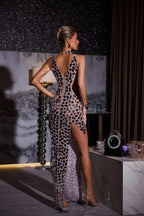 Mirror Mosaic Pearl High Neck Cut Out High Split Maxi Gown