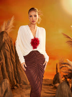 Ruched Floral Applique Deep V-Neck Bishop Sleeve Blouse Ruched Midi Skirt Set
