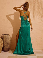 Eleanor Satin Backless Split Maxi Dress In Green