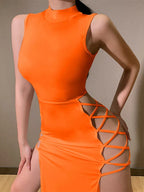 Mock Neck Sleeveless Lace Up Side Cut Out Bodycon Midi Dress