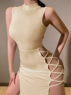 Mock Neck Sleeveless Lace Up Side Cut Out Bodycon Midi Dress