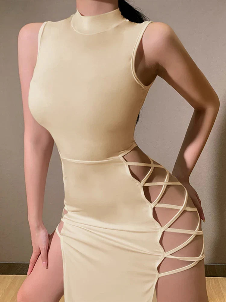 Mock Neck Sleeveless Lace Up Side Cut Out Bodycon Midi Dress