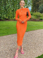 Round Neck Plissé Long Sleeve Column Midi Dress