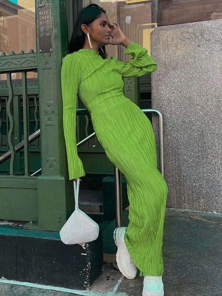 Round Neck Plissé Long Sleeve Column Midi Dress