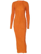 Boat Neck Long Sleeve Plisse Pleated Bodycon Midi Dress