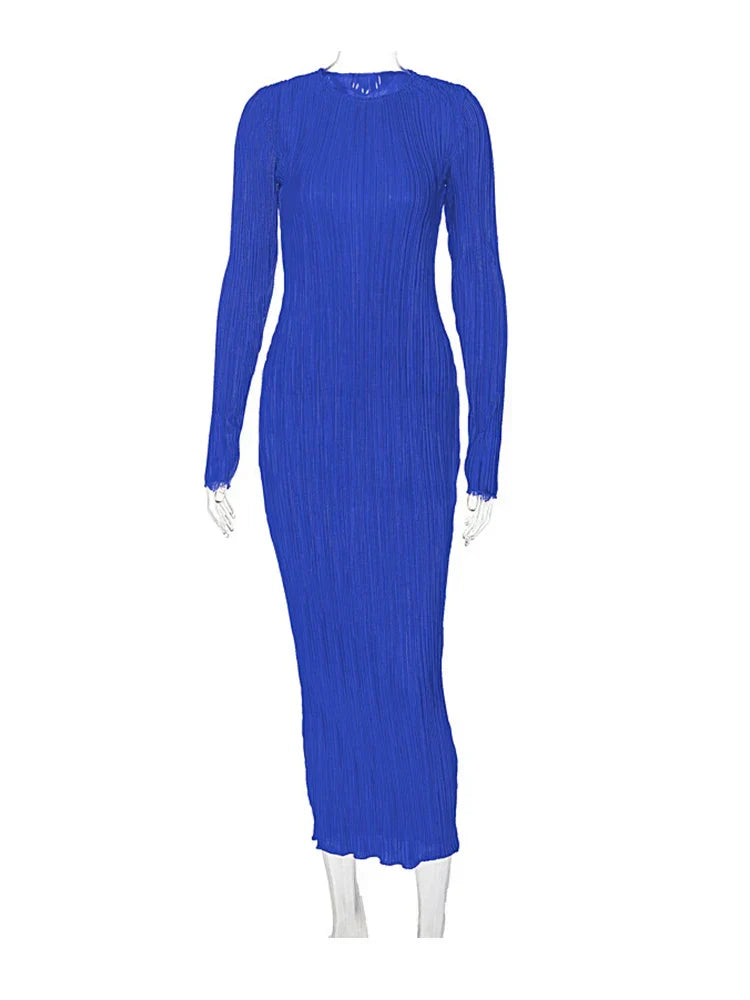Boat Neck Long Sleeve Plisse Pleated Bodycon Midi Dress