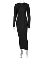Boat Neck Long Sleeve Plisse Pleated Bodycon Midi Dress