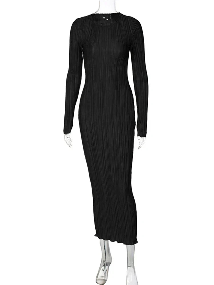 Boat Neck Long Sleeve Plisse Pleated Bodycon Midi Dress