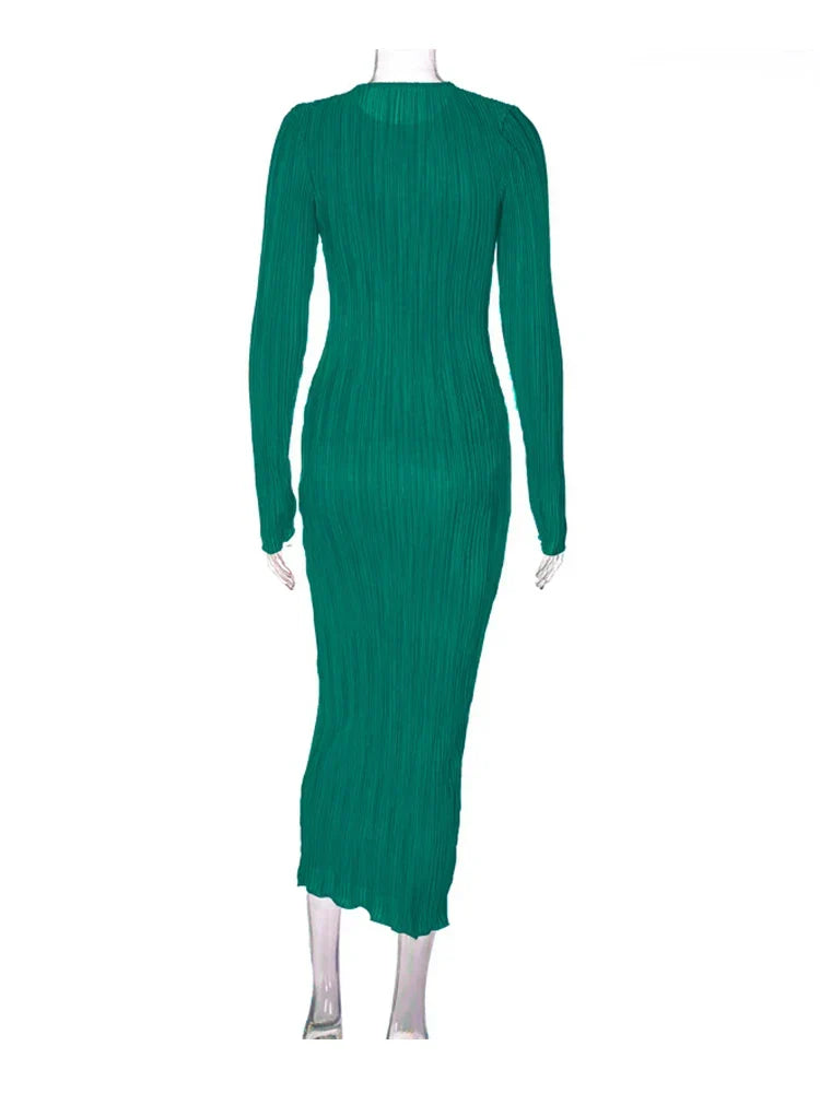 Boat Neck Long Sleeve Plisse Pleated Bodycon Midi Dress