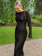 Round Neck Plissé Long Sleeve Column Midi Dress