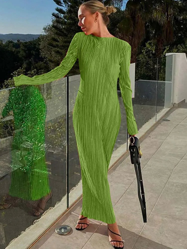 Round Neck Plissé Long Sleeve Column Midi Dress